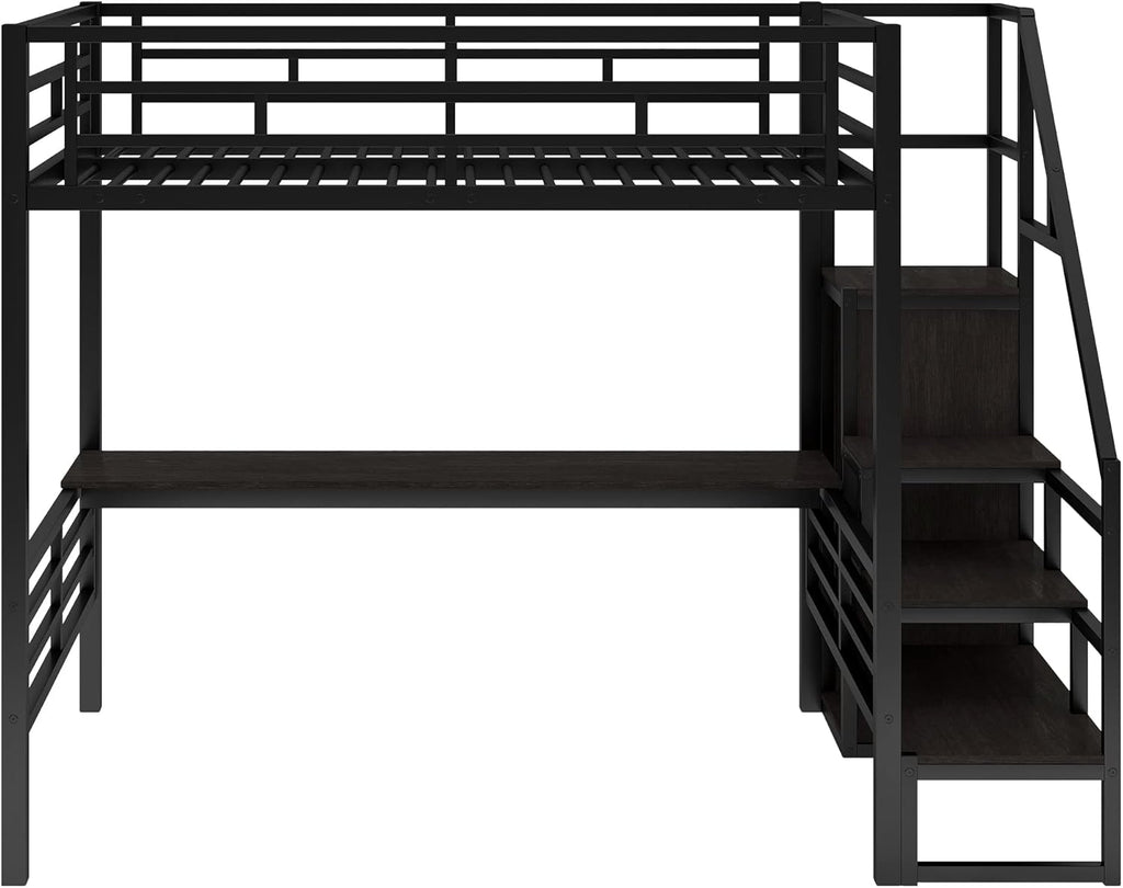 Black Full Size Metal Loft Bed with Desk and Wardrobe P72499