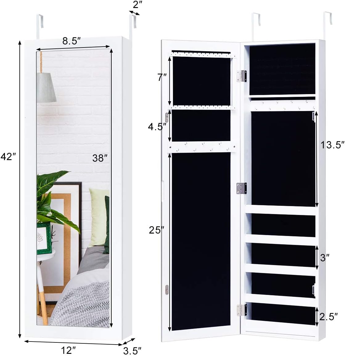 Wall Mounted Jewelry Armoire with Full-Length Mirror, 5 Shelves, 16 Hooks & 60 Ring Slots L5397