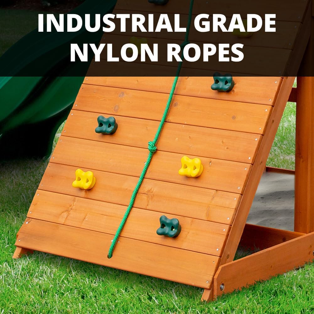 Oversized Green Vinyl Canopy Roof Wooden Swing Set with Climbing Wall, Ladder, Swings and Slide Z501661