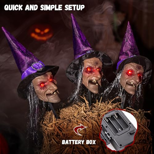 3-Pack Halloween Animatronic Witch Stakes with Sound, Light-Up Eyes, Moving Mouth T944