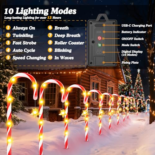24-Pack Solar Christmas Candy Cane Lights, 144 LED O3812
