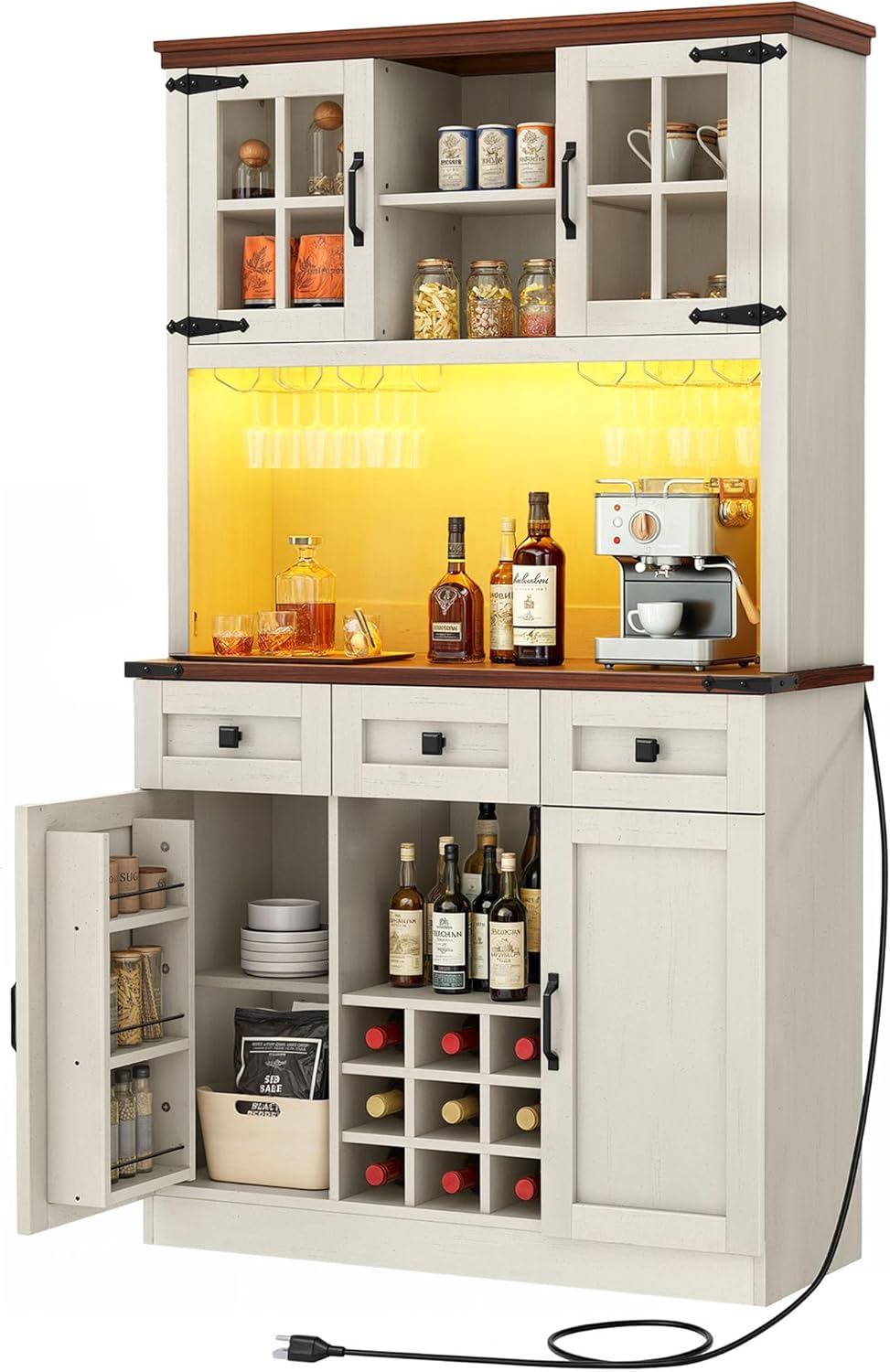 Antique White Coffee Bar Cabinet with Storage Shelves and 3 Drawers P179661