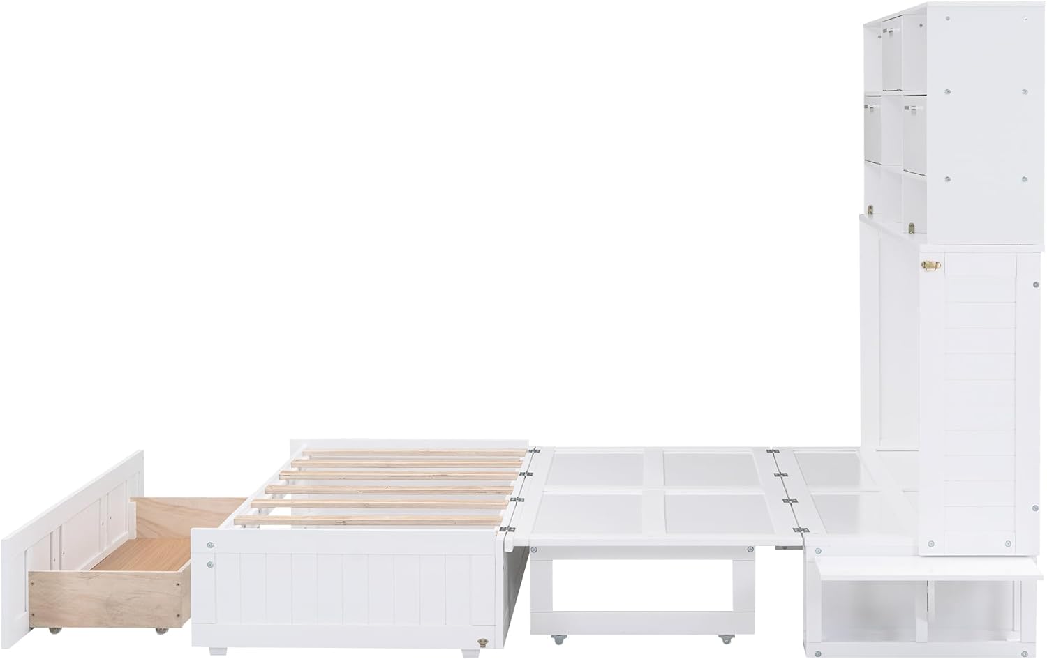 White Queen Murphy Bed Cabinet with Bookcase and Drawer G830