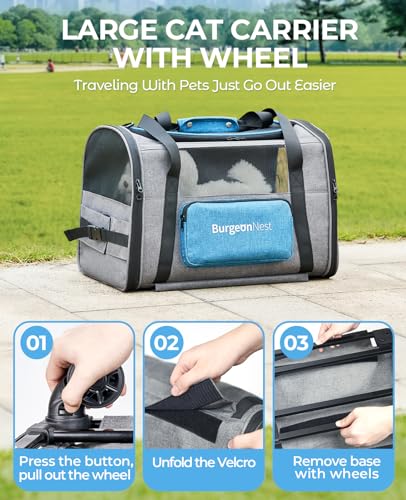 Cat Carrier with Wheels, Airline Approved Pet Carrier for Cats Dogs 15 lbs with Telescopic Handle, Small Dog Carrier with Wheels Removable, Soft Rolling Cat Carrier with Large Pocket V5220