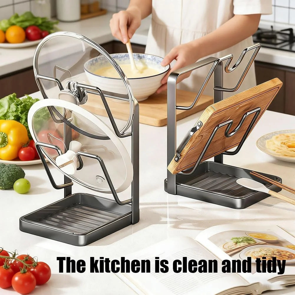 Stainless Steel Pot Lid Storage Rack with Removable Drip Tray J12427
