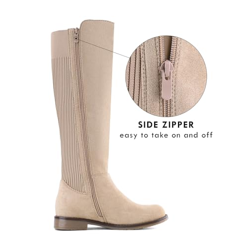 Knee High Boots Flat Low Heel Stretchy Round Toe with Side Zipper G702