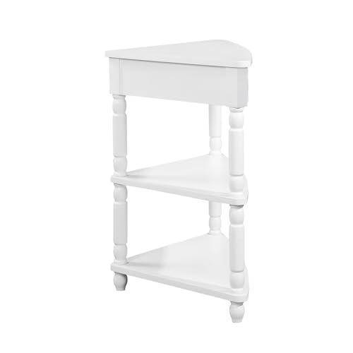 White 3-Tier Corner Shelf with Drawer and Solid Wood Legs G5323