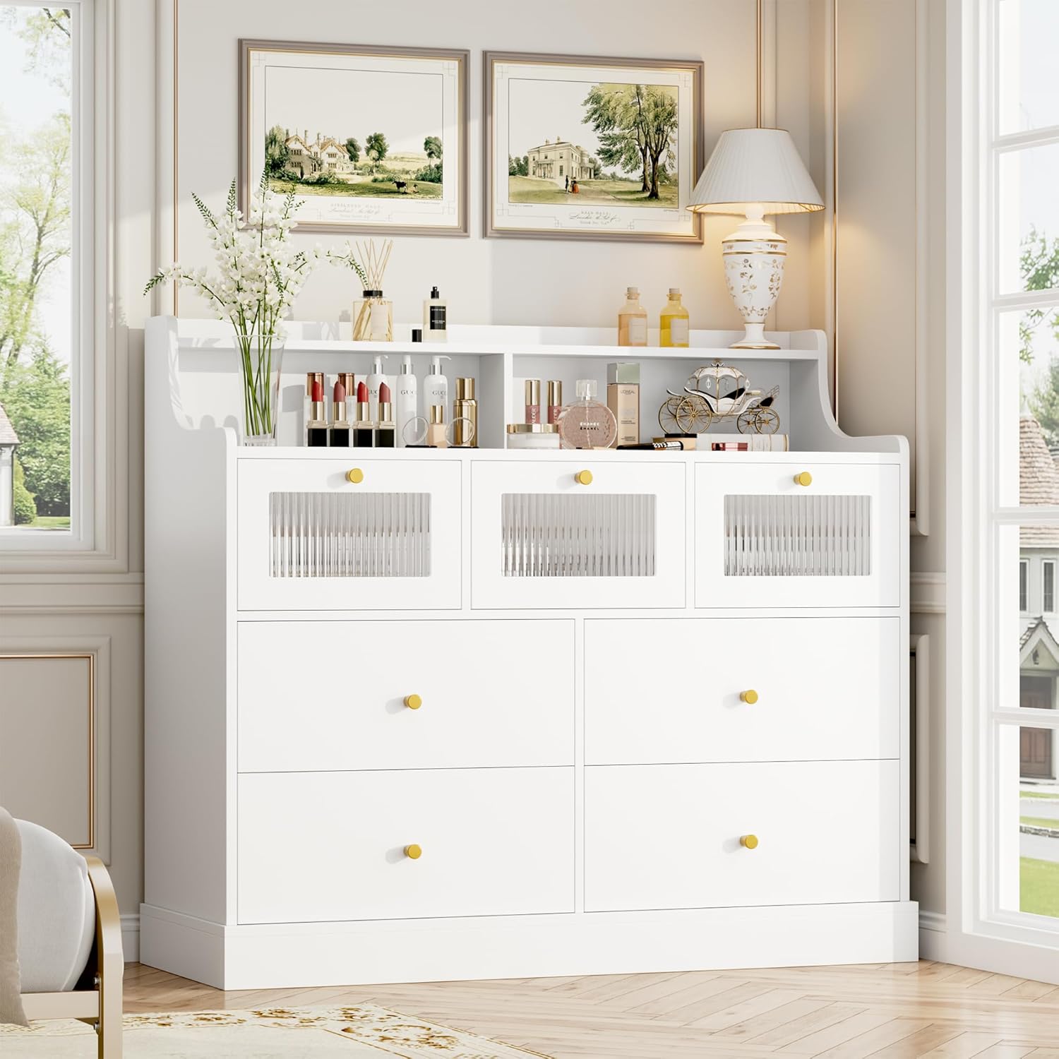 White 7 Drawer Wood Dresser with Shelves G969041