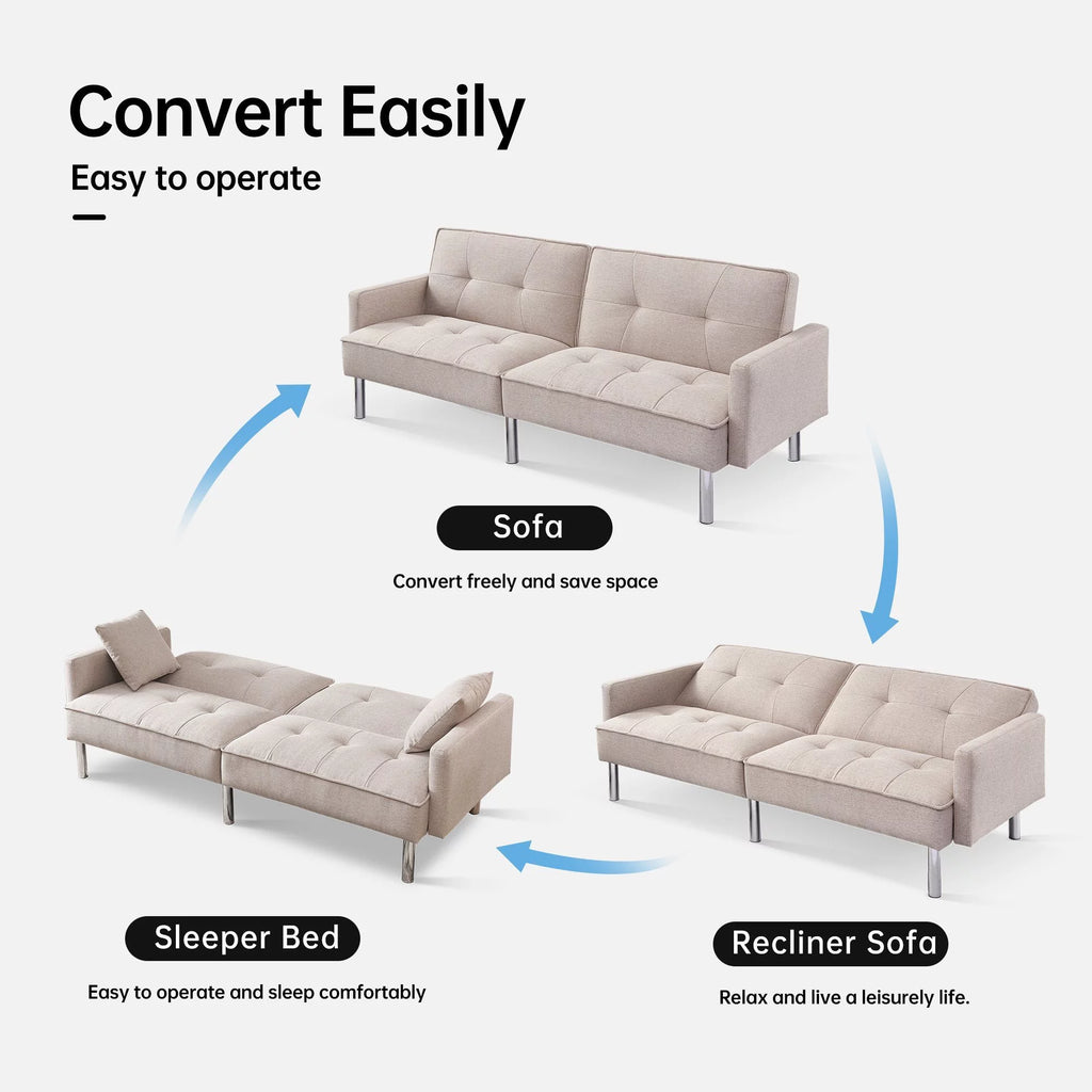 84.6 in. Extra Long Tufted Beige Fabric Futon Adjustable Sofa Bed I7373