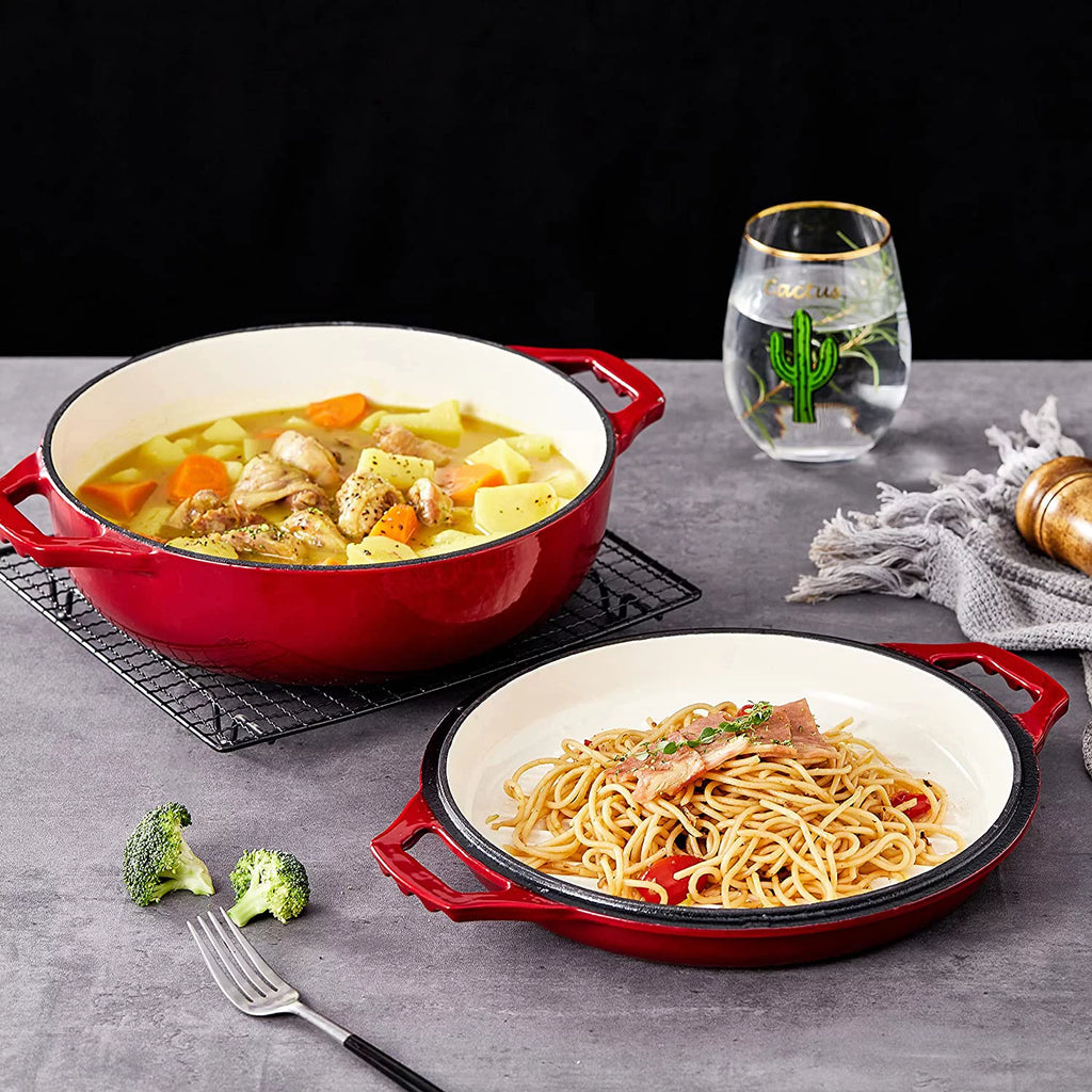 2-In-1 Enameled Cast Iron Cocotte Double Braiser Pan With Grill Lid E854816
