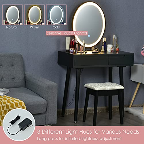 White Vanity Set with Touch Mirror, Cushioned Stool, 2 Sliding Drawers Y705474