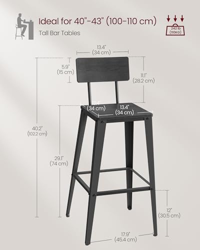 Set of 2 Bar Stools with Back, Steel Frame, Ash Black and Ink Black J879010
