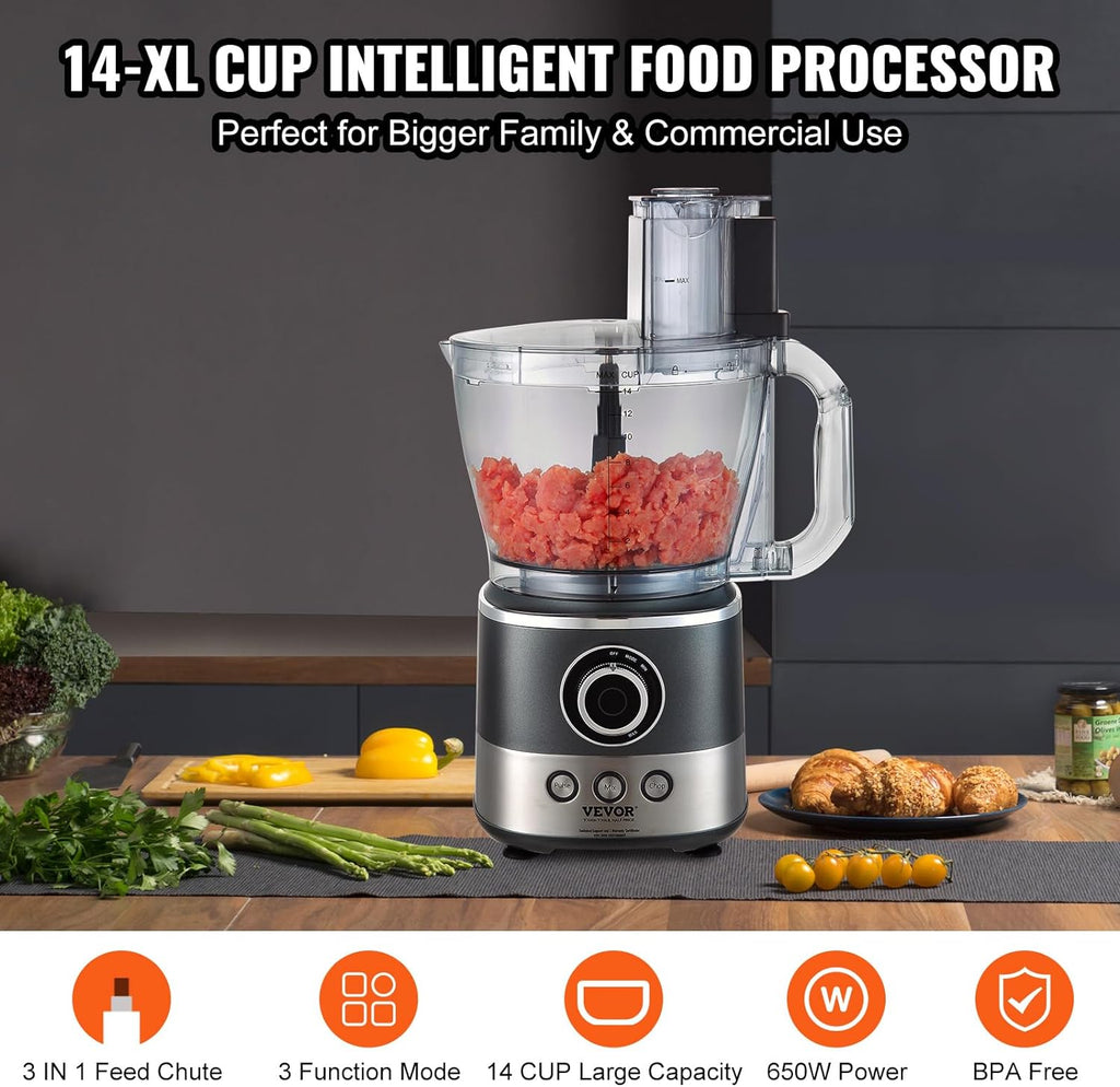 650W 14-Cup Vegetable Chopper 2-Speed Stainless Steel Blade Electric Food Processor, Gray N78680