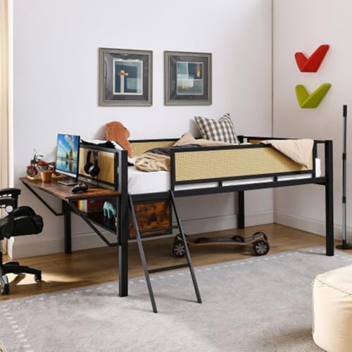 Metal Loft Bed with LED Lights Bunk Bed with Rectangular Desk Bed Frame with Storage Shelves and Hanging Storage Compartments F187