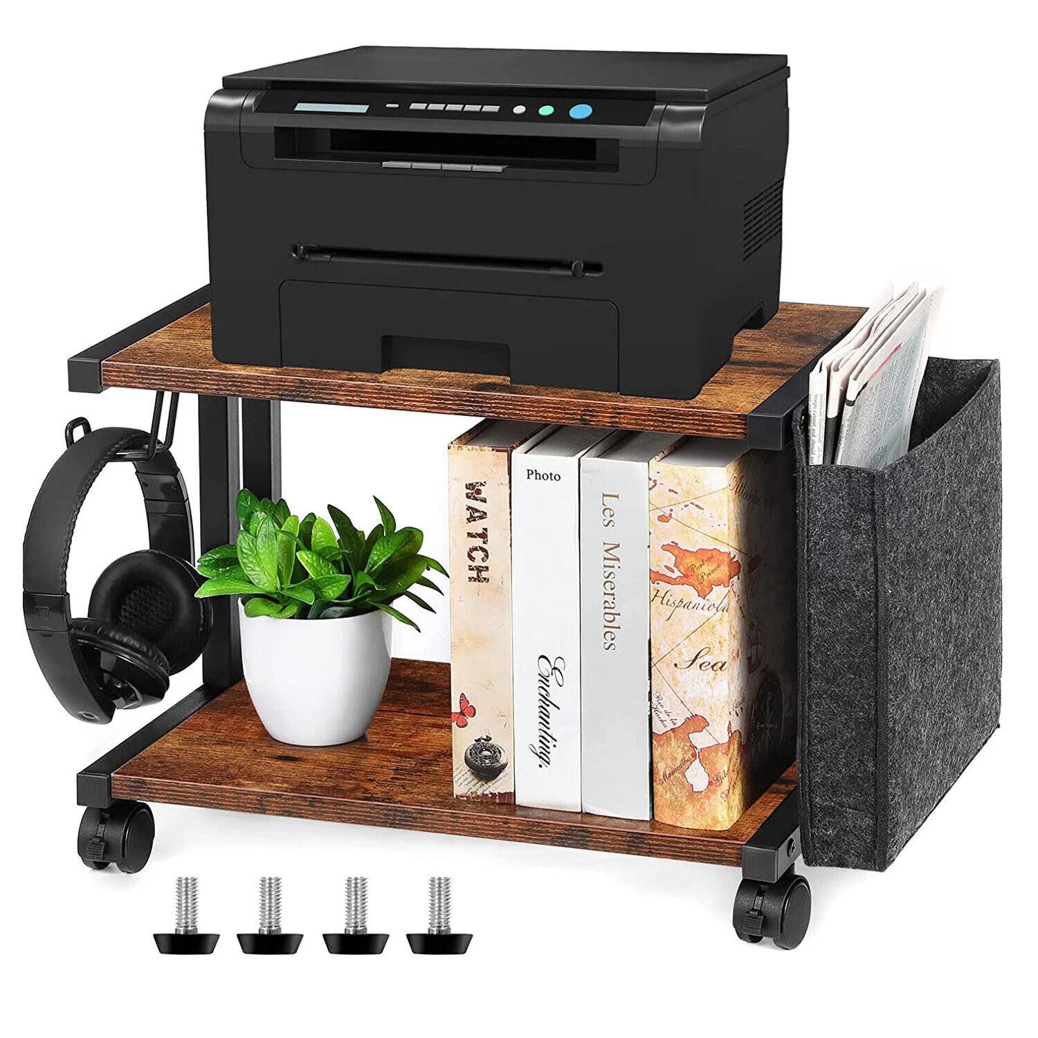2-Tier Mobile Printer Stand Shelf with Storage Under Desk Printer Cart U47882