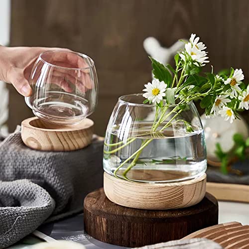 Glass Vase with Wooden Support Base, Clear Glass Bubble Vase, 1pcs (B 23 × 22 × 20 cm) M829