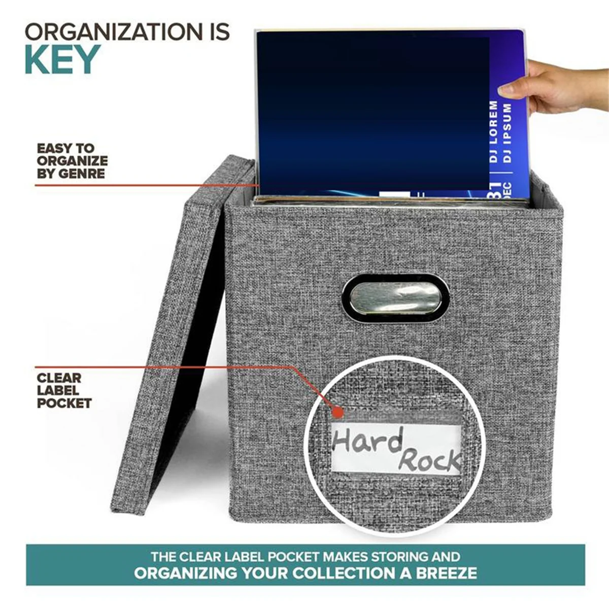 Vinyl Record Storage Box with Lid and Handles A5232