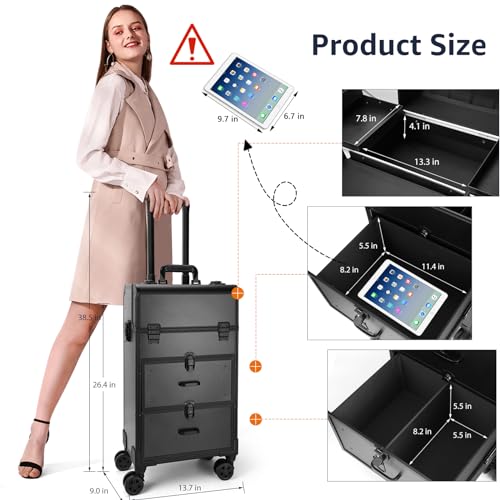 Black Rolling Makeup Train Case with Swivel Wheels U398531