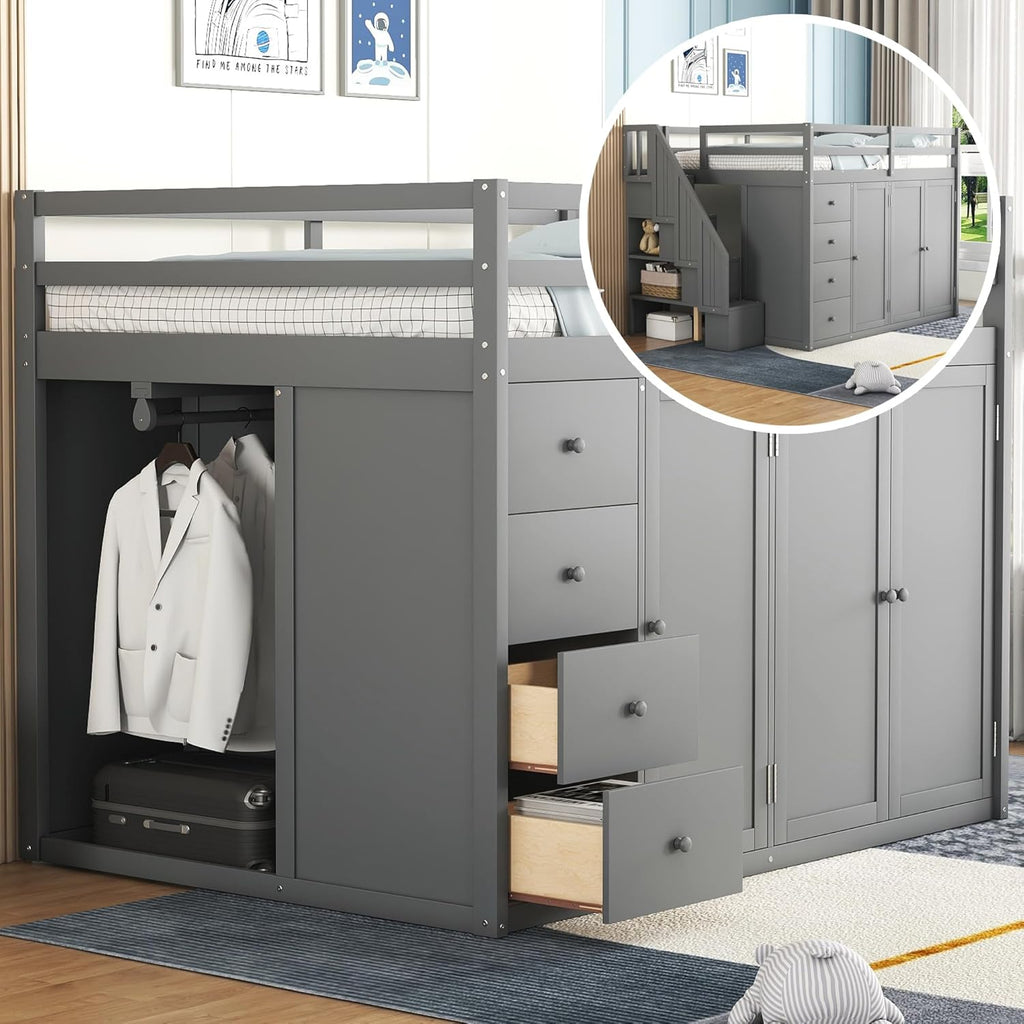 Gray Wooden Loft Bed with Storage Space G307