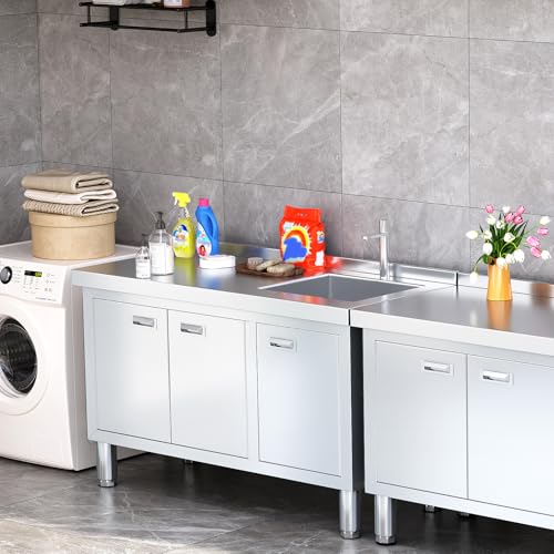 Freestanding Stainless Steel Utility Sink with Cabinet, 21.66 x 63 x 35.43 inches Z990
