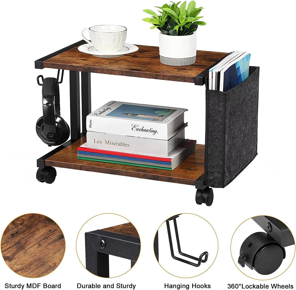 2-Tier Mobile Printer Stand Shelf with Storage Under Desk Printer Cart U47882