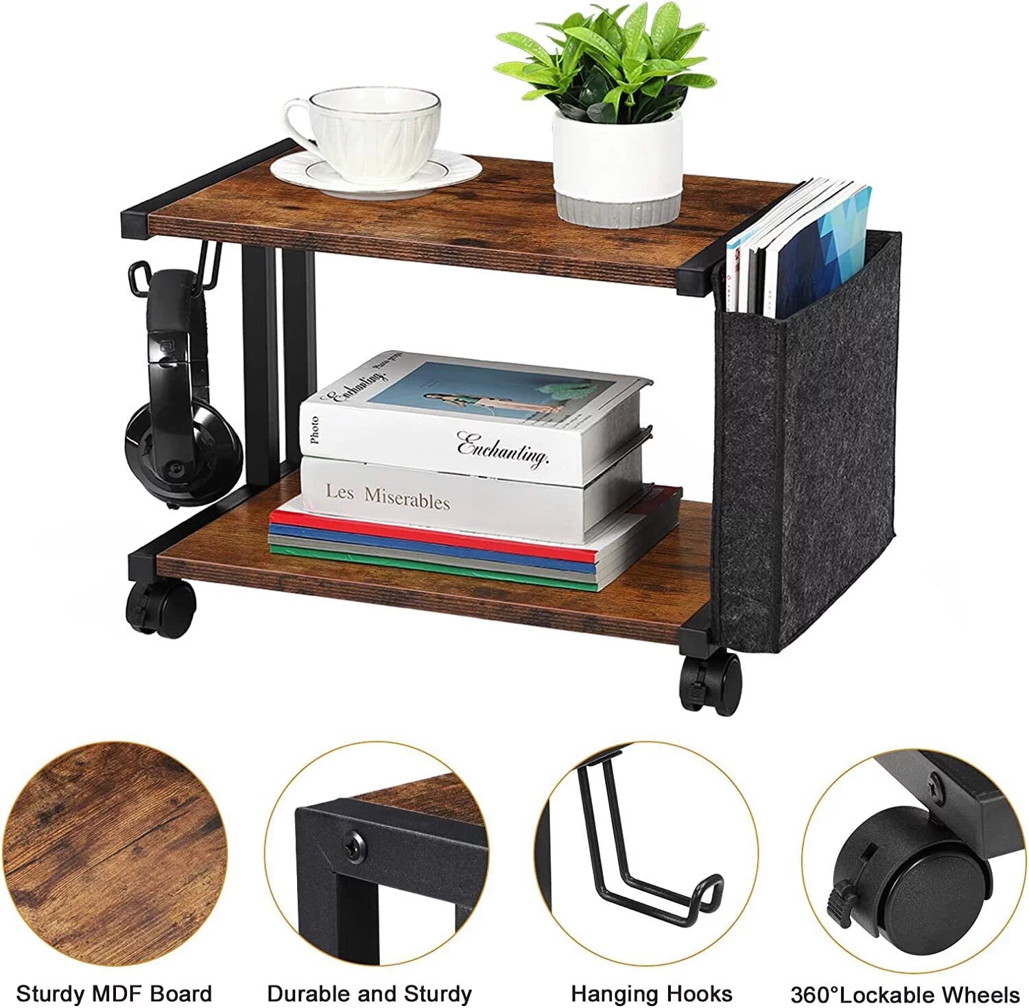 2-Tier Mobile Printer Stand Shelf with Storage Under Desk Printer Cart U47882
