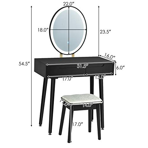 White Vanity Set with Touch Mirror, Cushioned Stool, 2 Sliding Drawers Y705474