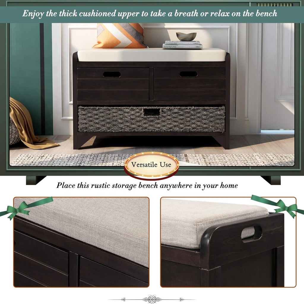Wood Storage Bench with 1 Basket and 2 Drawers, Removable Cushion, Espresso E95442