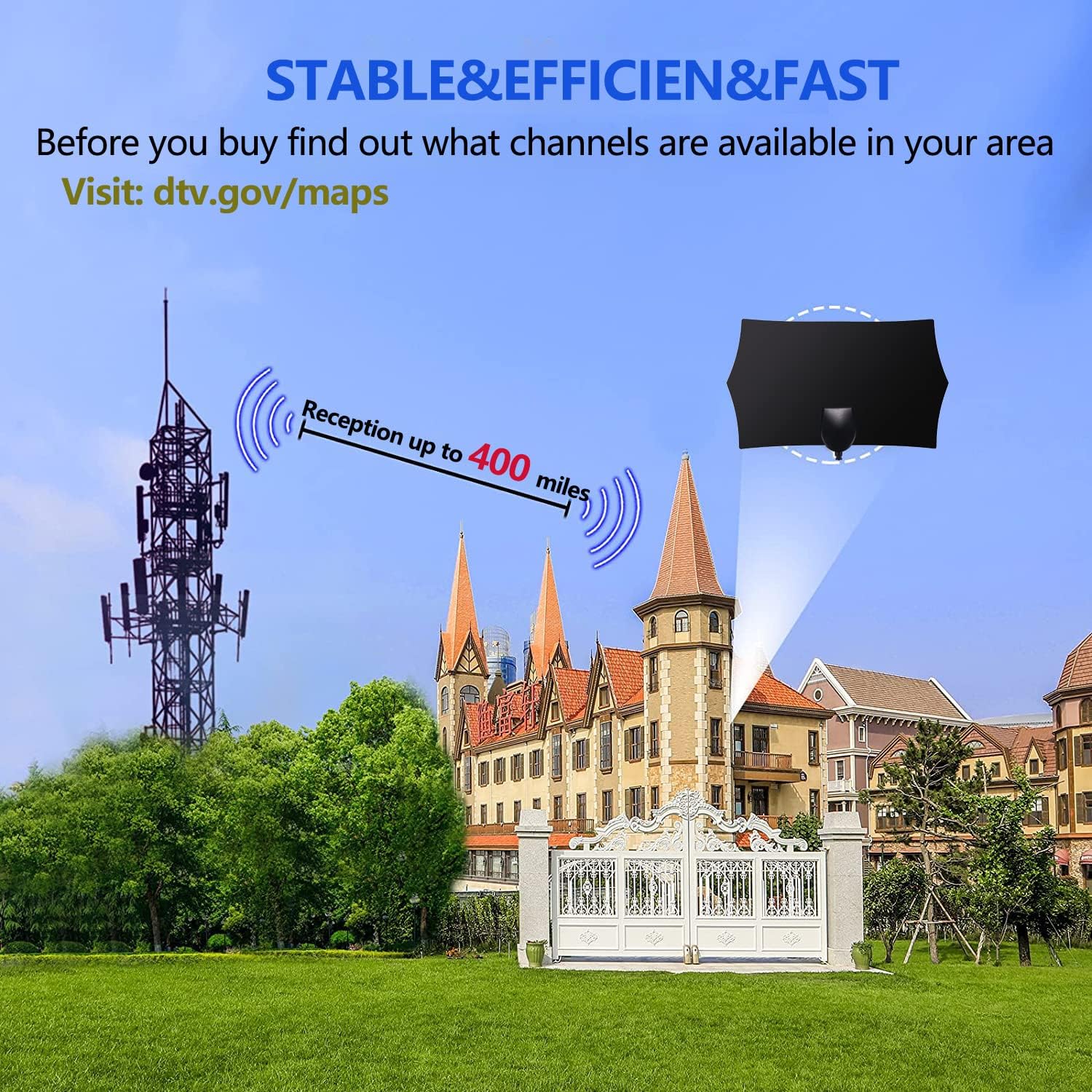 Indoor TV Antenna with Amplifier Signal Booster, 16ft Coax Cable U564149