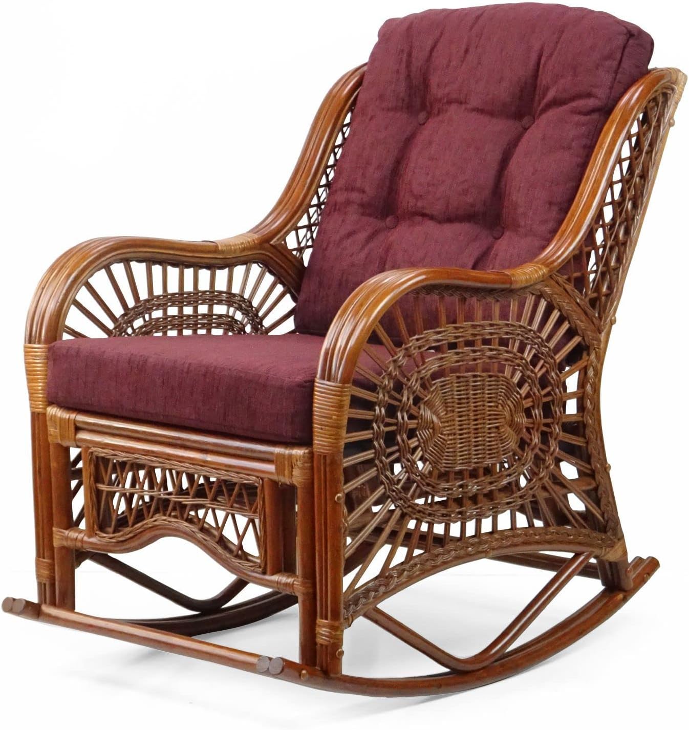 Natural Rattan Set of 2 Rocking Lounge Chairs with Dark Brown Cushions and Round Coffee Table with Glass V87549