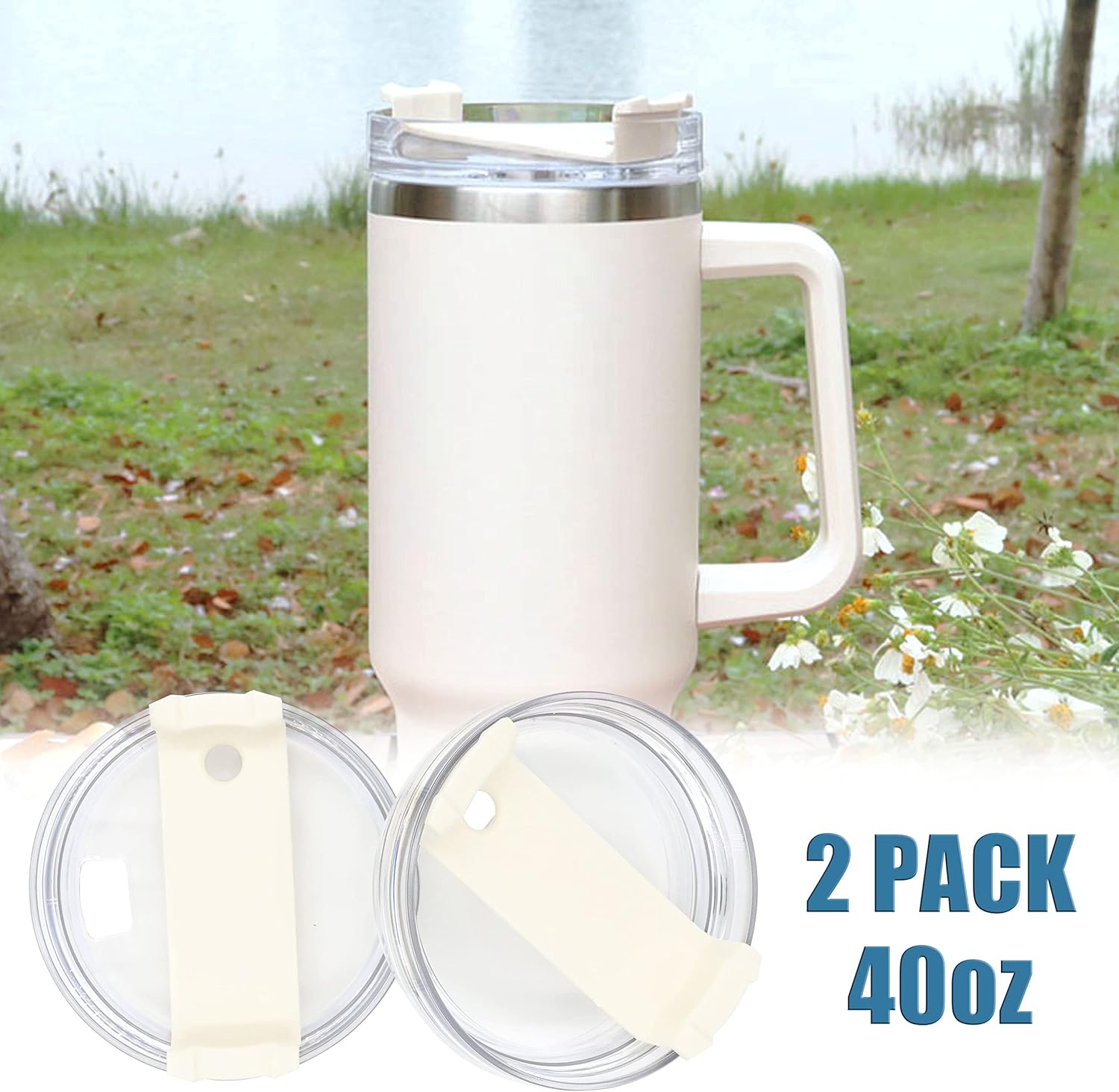 2 Pack Replacement Tumbler Lids for 40oz Travel Tumbler with Plastic Straws and Cleaning Brush B457