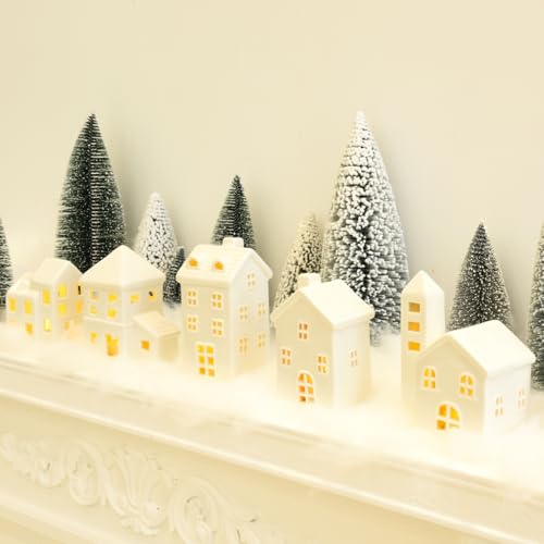 5 Pcs White Houses & 9 Pcs Trees & Fake Snow Ceramic Christmas Village Decorations H12273