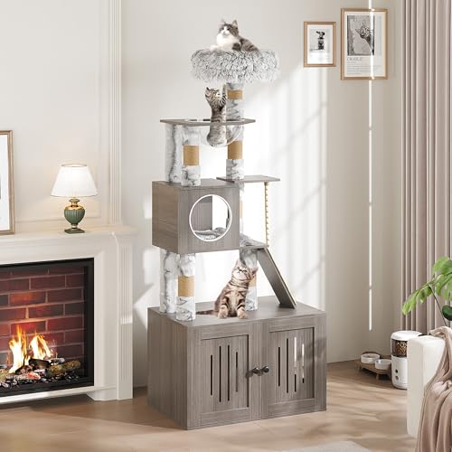 66.9-Inch Grey Cat Tree with Litter Box Enclosure O836