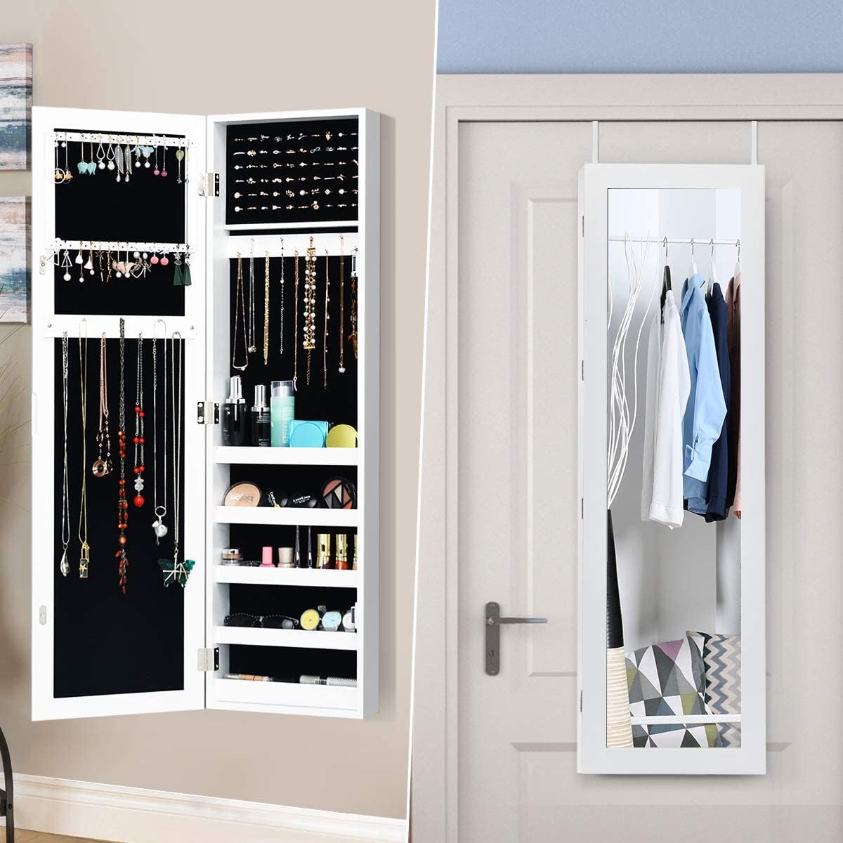 Wall Mounted Jewelry Armoire with Full-Length Mirror, 5 Shelves, 16 Hooks & 60 Ring Slots L5397