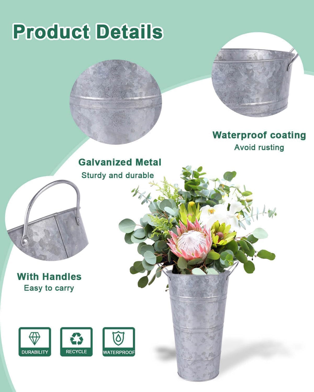 6 Pcs Galvanized Metal Vases with Handles (Silver) N178