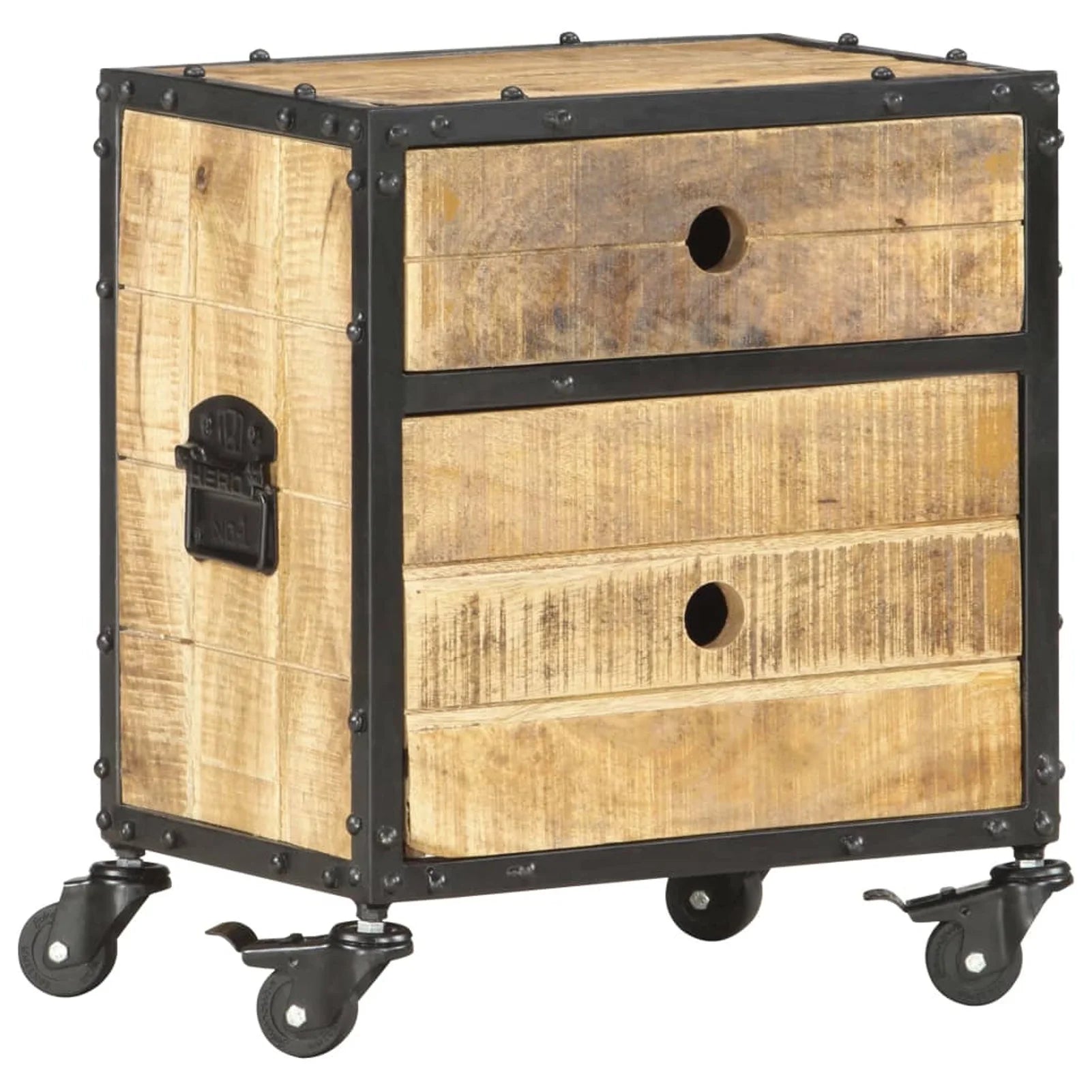 Bedside Cabinet with 2 Storage Drawer and Wheels Rough Mango Wood 15.7 x 11.8 x 19.7 Inches Z5992