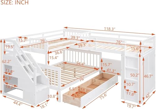 Twin-Twin Over Full Triple Bunk Bed with Storage Stairs, Wardrobe and Desk, Solid Wood L-Shaped 3 Bunk Bed with Ladder, Shelves, Headboard, Guardrail (Grey) H7213