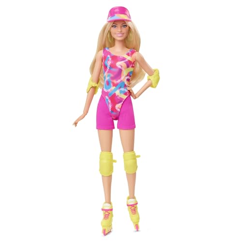 Skating Doll with Neon Outfit, Retro Gymnastics Suit, Pink Biker Shorts, Sun Shield, Neon Green Hoop Earrings, Skating Equipment, Impala Inline Skates E223
