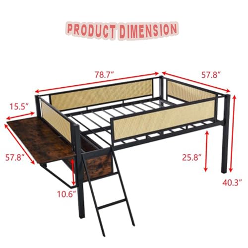 Metal Loft Bed with LED Lights Bunk Bed with Rectangular Desk Bed Frame with Storage Shelves and Hanging Storage Compartments F187