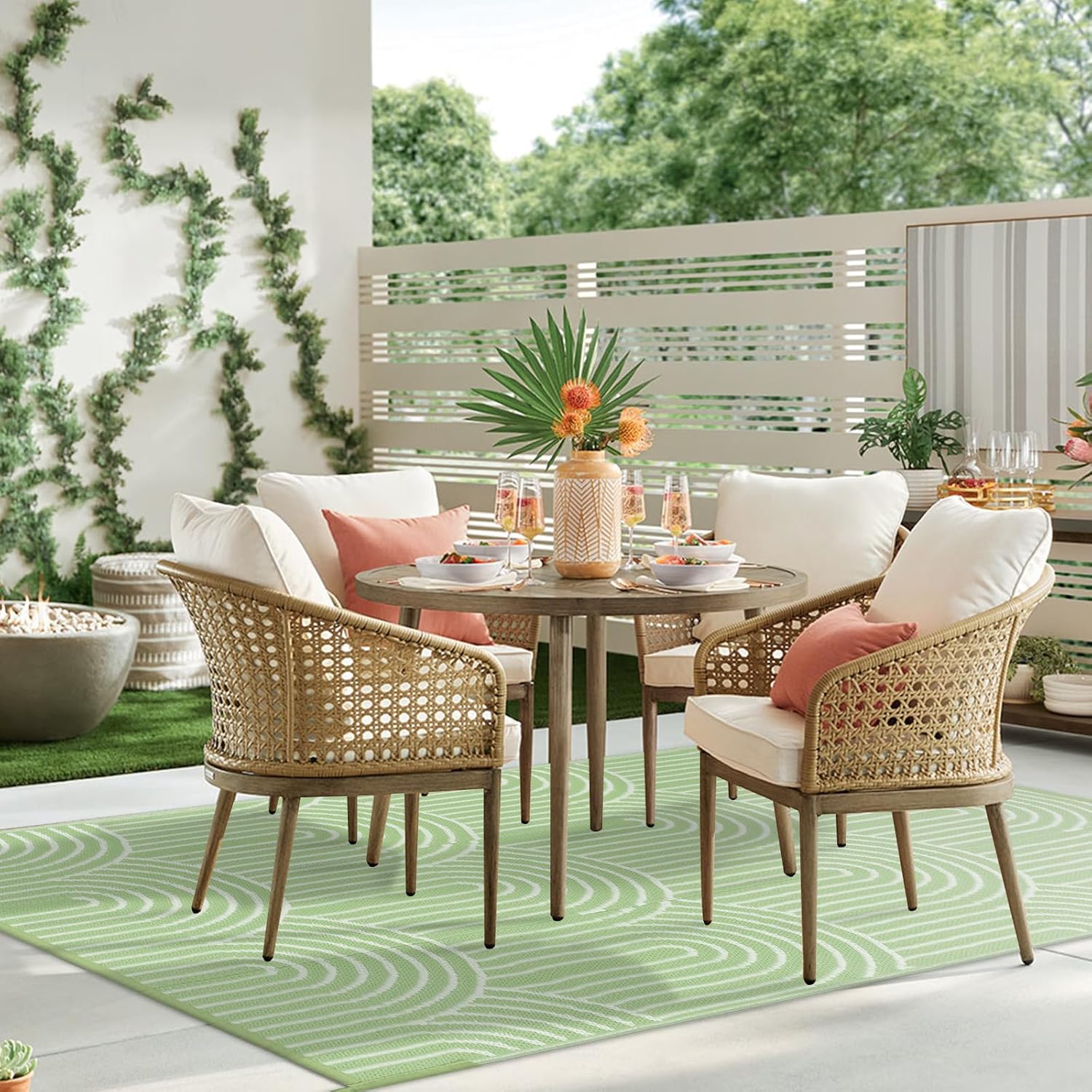 Rainbow Green 6x9 Outdoor Waterproof Plastic Straw Reversible Rug A10232