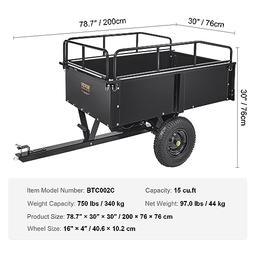 Heavy Duty Steel ATV Dump Cart, 750 lbs, 15 Cubic Feet Garden Utility with Removable Sides U9496