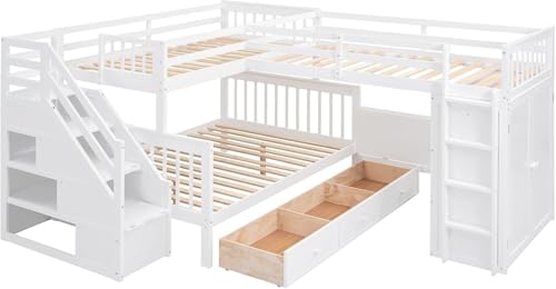 Twin-Twin Over Full Triple Bunk Bed with Storage Stairs, Wardrobe and Desk, Solid Wood L-Shaped 3 Bunk Bed with Ladder, Shelves, Headboard, Guardrail (Grey) H7213