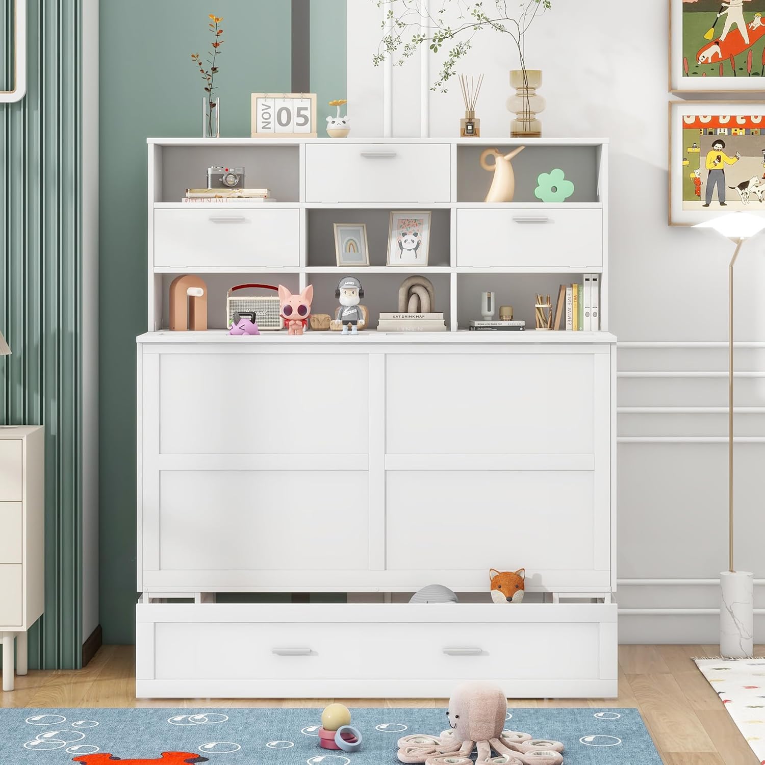 White Queen Murphy Bed Cabinet with Bookcase and Drawer G830