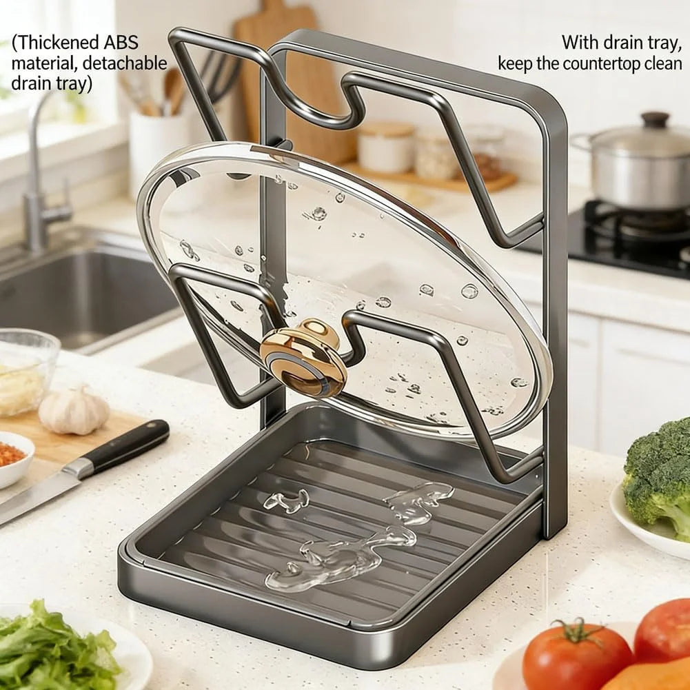 Stainless Steel Pot Lid Storage Rack with Removable Drip Tray J12427