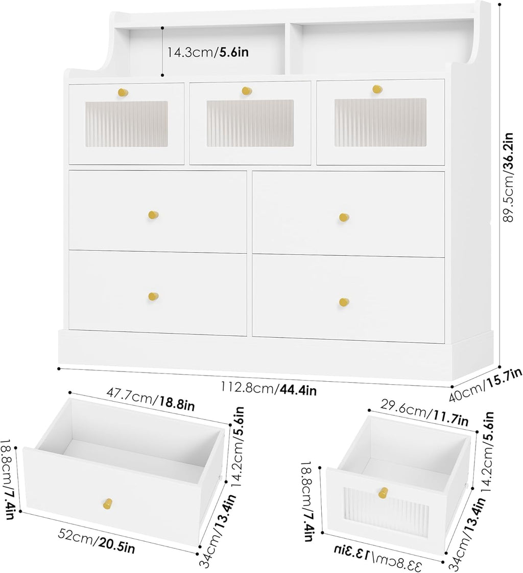 White 7 Drawer Wood Dresser with Shelves G969041