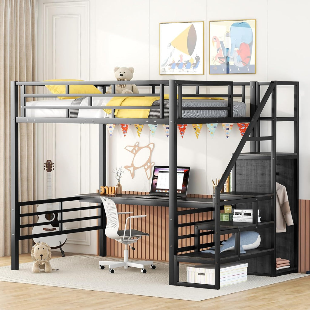 Black Full Size Metal Loft Bed with Desk and Wardrobe P72499