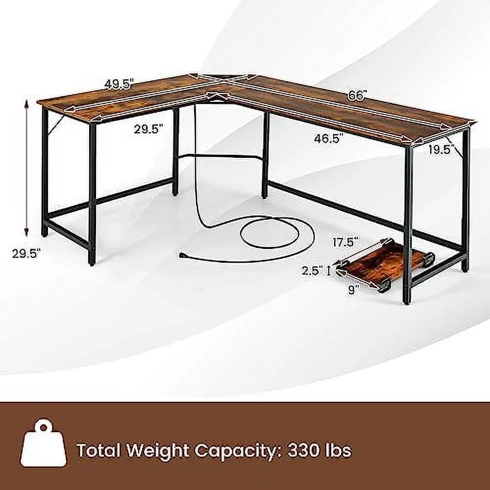 L-Shaped Desk with CPU Stand 66 Inch Wooden Metal Frame Black F7595