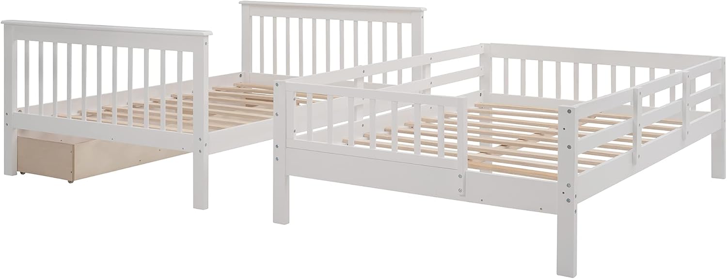 White Full Over Full Wooden Bunk Bed with Stairs and Storage Drawers L13742