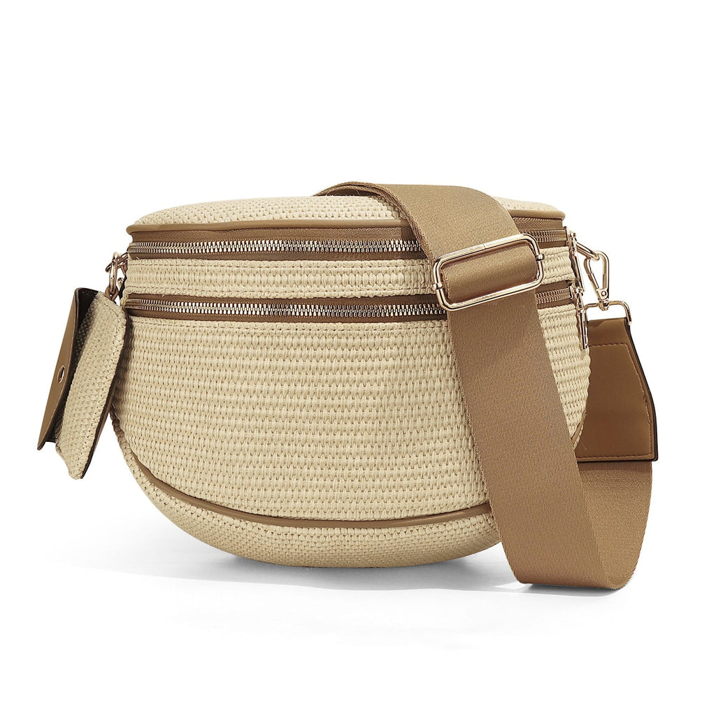 Ounamei Woven Straw Crossbody Bum Bag for Women Large Capacity Summer Belt Bag with Mini Pouch