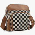 Ounamei Checkered Crossbody Bag in PU Leather & Canvas | Lightweight Shoulder Bag for Women